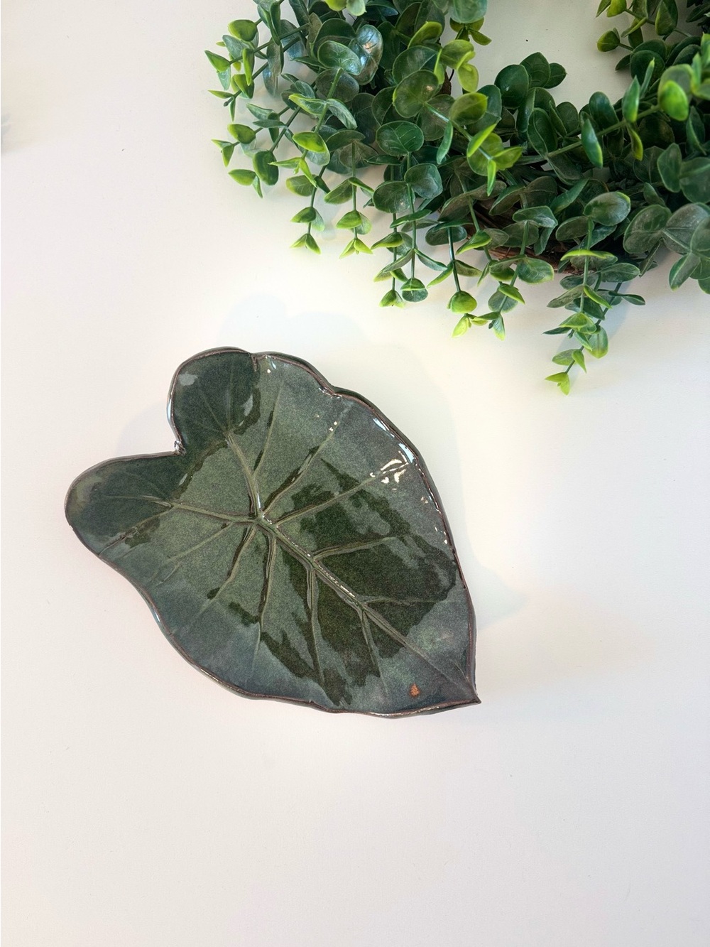 Vintage Handcrafted Dark Green Leaf Trinket Platter